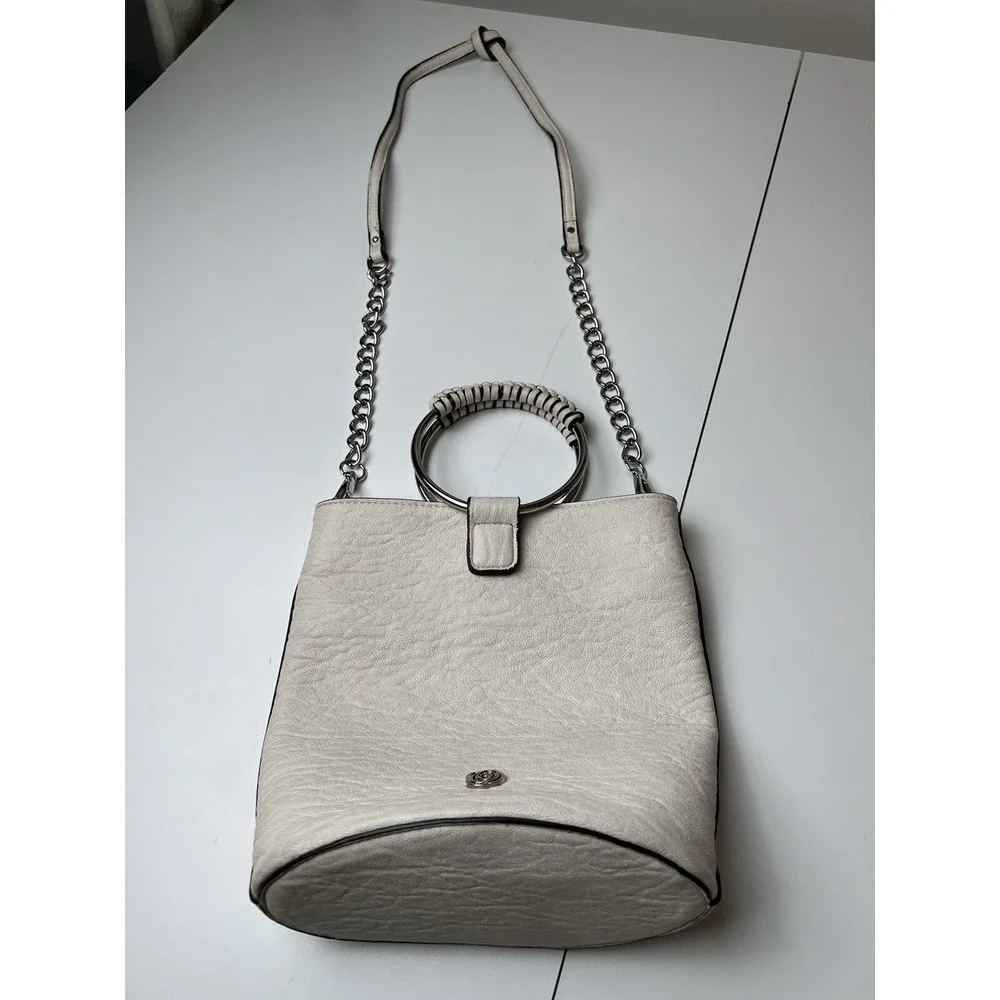 Carlos Santana Ivory Vegan Leather Bucket Round Covered Handles Cross Body Bag